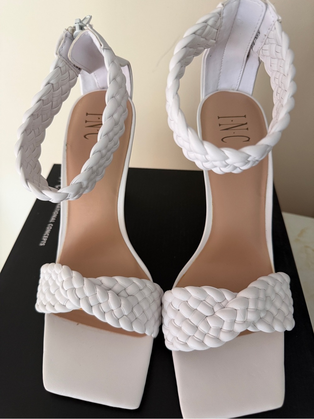 INC International Concepts White Braided Square-Toe Ankle-Strap Heels